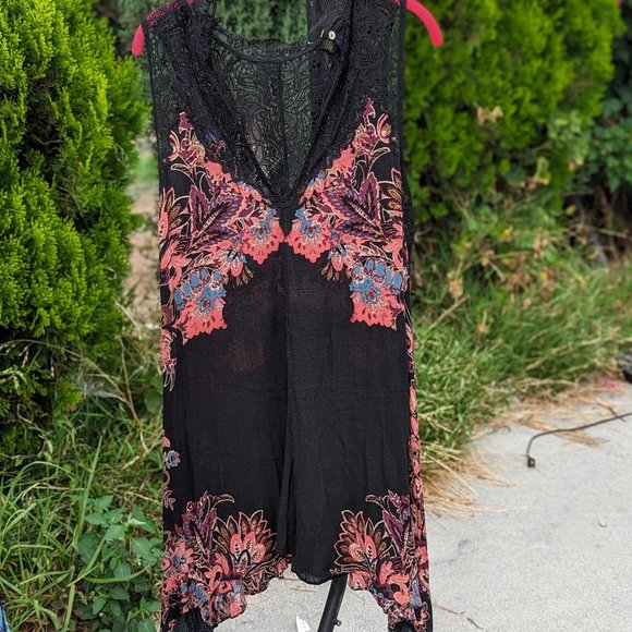 FREE PEOPLE Marsha Black Printed Lace flowy Slip Dress womens size Lg GUC - Picture 4 of 10